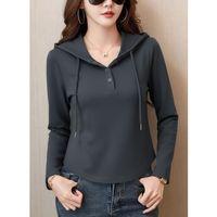 Kadın Uzun Kollu Kapşonlu Bağcıklı Düğmeli Viskon Iki Iplik Füme Bluz