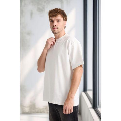 İki İplik Kumaş Pamuklu Bisiklet Yaka Basic Oversize Erkek T-Shirt - Ekru
