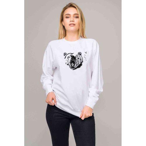 Bear Anime Owl Baskılı Beyaz Kadın Sweatshirt