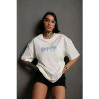 Pilelistore Unisex Bisiklet Yaka Baskılı Oversize T-Shirt - Beyaz
