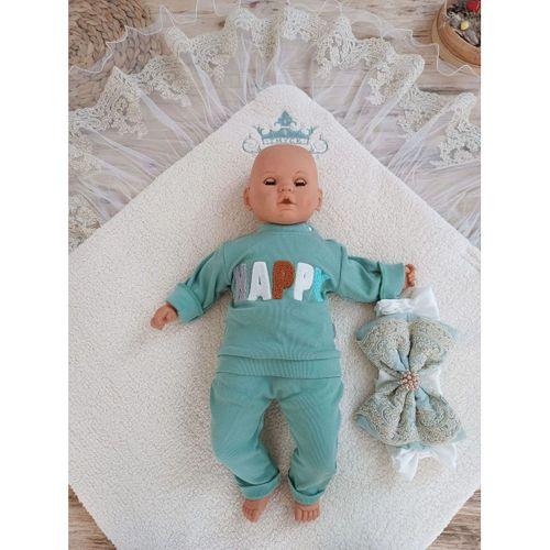 Yenidoğan Kuzulu Taç Nakış Güpürlü Fiyonklu Duvaklı Prizma Taş Unisex Kundak Bebek Battaniyesi Su Yeşili