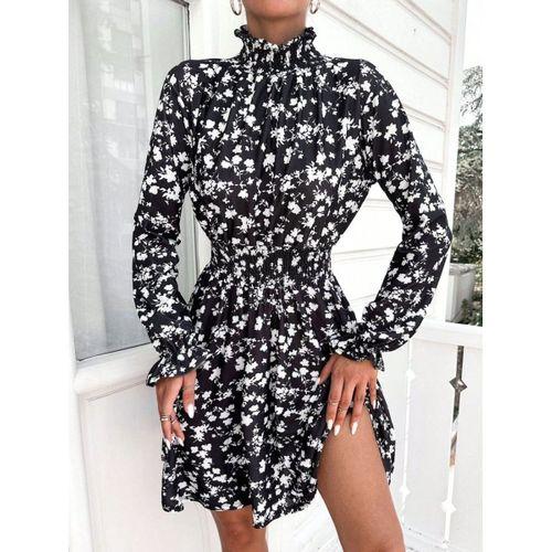 Kadın Uzun Kollu Balıkçı Yaka çiçek Baskılı Helen Kumaş Elbise
