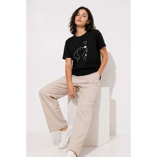 Köpek Figürlü Minimal Baskılı Tişört Kısa Kol Yazlık T-Shirt - Siyah