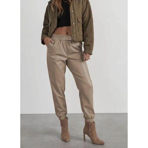 Kadın Yüksek Bel Lastikli önü Düğmeli Deri Pantolon