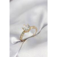 Zirkon Taşlı Tek Taş Model Gold Renk Kadın Yüzük