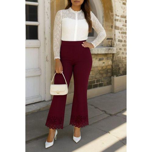 Kadın Yüksek Bel Paçaya Doğru Genişleyen Lazer çiçek Kesim Detaylı Ithal Krep Pantolon