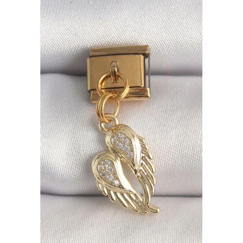 316L Çelik Gold Renk Sallantı Zirkon Taşlı Kanat Model Nomination Charm