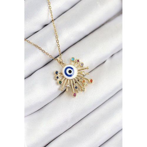 316L Çelik Zirkon Taşlı Nazar Model Gold Renk Kadın Kolye
