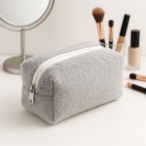 Peluş Yumuşacık Makyaj Çantası - Kozmetik Organizeri Gri