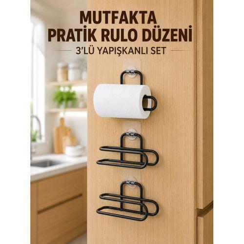 3’lü Yapışkanlı Wc Kağıtlığı Siyah Rulo Tutucu Banyo Ve Mutfak Kullanımı