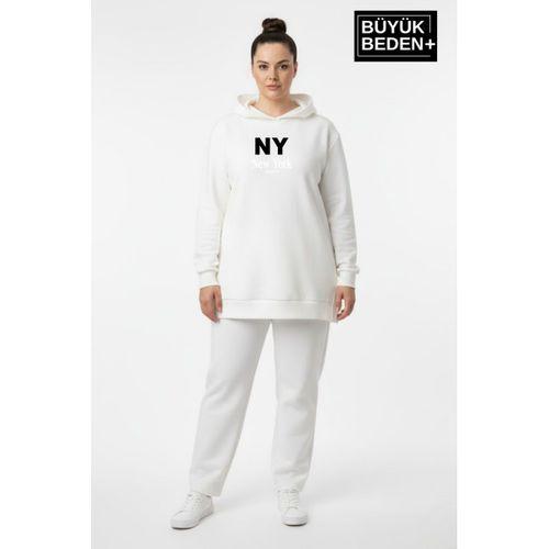 Büyük Beden Kapşonlu NY Newyork Baskılı Tunik ince Sweatshırt  SPR26BTK991-1