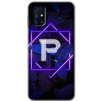 MRCİLETİSİM MRCİLETİSİM Samsung Galaxy M31s Kılıf HD Desen Baskılı Arka Kapak + Temperli Cam - Dark Neon Yaprak P Harfi