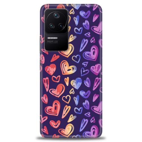Xiaomi Poco F4 Kılıf HD Baskılı Kılıf - Renkli Kalpler + Tam Ekran Koruyucu
