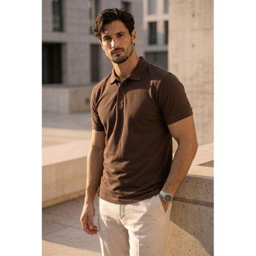 Orlando Oversize Polo Yaka Pike Kumaş Basic Düğmeli Relaxed Fit Erkek T-Shirt - Kahve