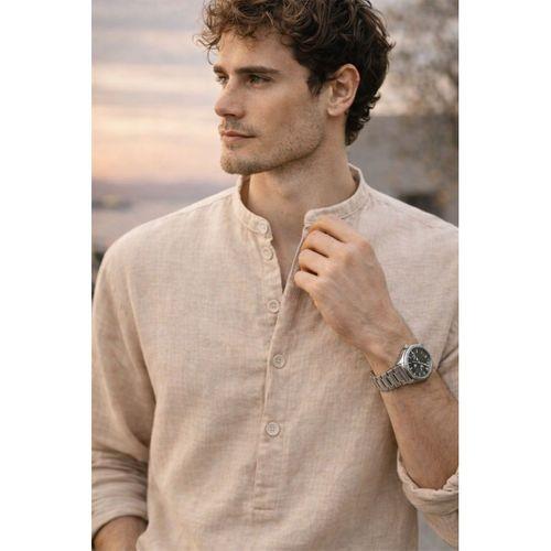 Hafif ve Nefes Alabilir Erkek Müslin Yarım Pat Hakim Yaka Oversize Gömlek- Açık Bej