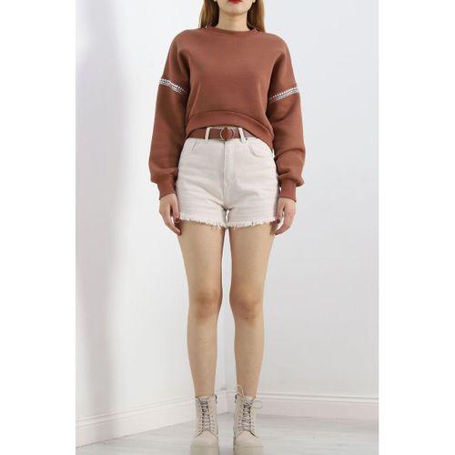 Kol Detay 3 İplik Crop Sweat Kahve