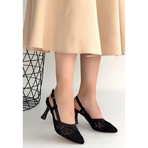 Ceta Siyah Cilt Tül Detaylı Topuklu Ayakkabı