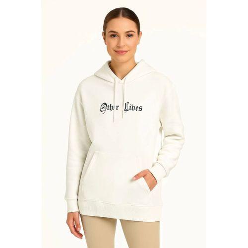 Üç İplik Kapşonlu ön Ve Arka Baskılı SweatShirt Hoodie- Beyaz
