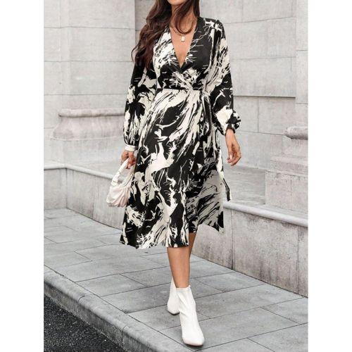 Kadın Uzun Kollu Kruvaze Yakalı Yandan Bağlamalı Desenli Mini Modal Elbise