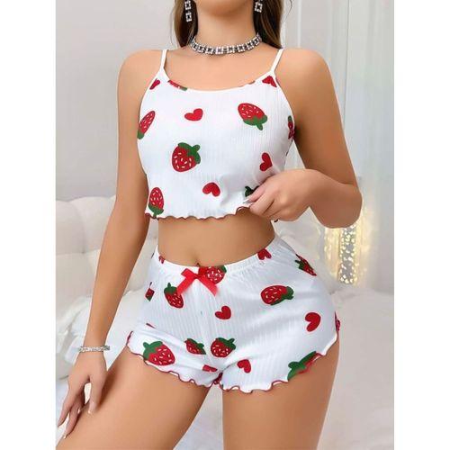 Kadın Beyaz Çilek Desenli Şortlu Pijama Takımı Sevimli Rahat 2’li Set
