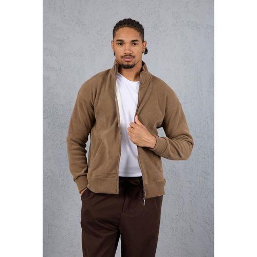 Ron Selanik Örme İçi Peluş Çift Fermuarlı Dik Yaka Erkek Hırka Sweatshirt - Vizon