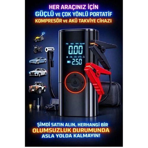 St-9650 Şarjlı 10.000 Mah Taşınabilir Araç Hava Kompresörü Akü Takviyeli Dijital Ekranlı Işıklı Çantalı
