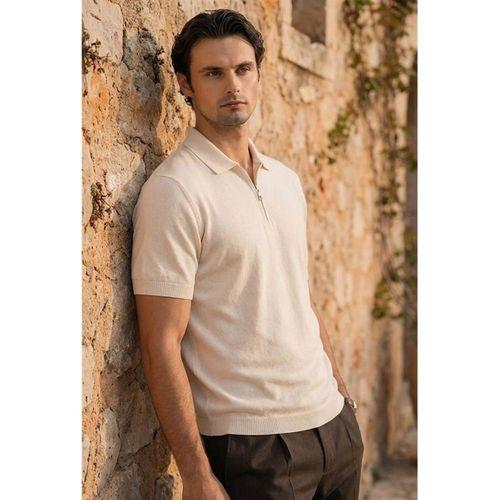 Linus Fermuarlı Polo Yaka Kısa Kollu İnce Triko Erkek T-Shirt - Bej
