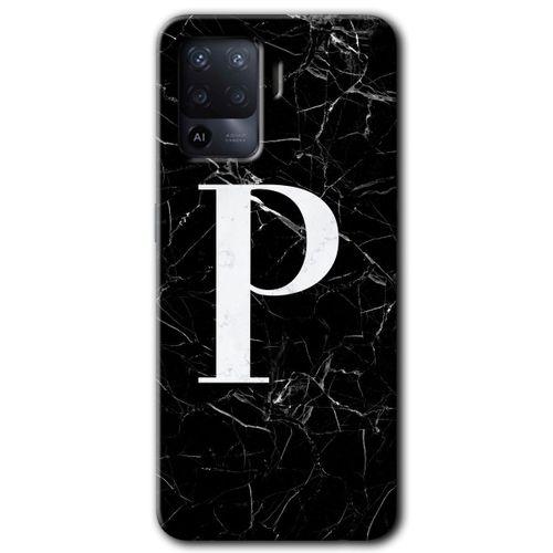 MRCİLETİSİM Oppo Reno 5 Lite Kılıf Baskılı Kapak - Siyah Mermer Desenli P Harfi + 5D Tam Kaplayan Cam