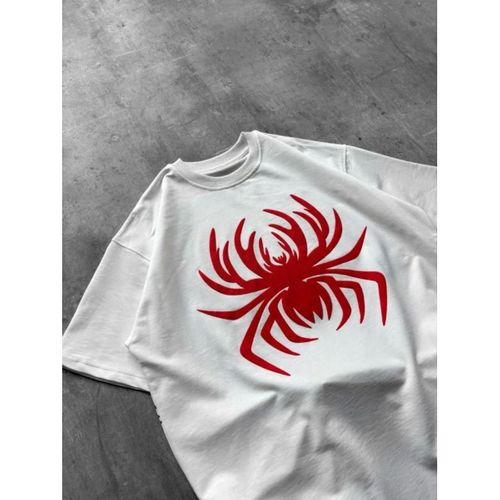 Erkek Örümcek Baskılı Tişört Kısa Kollu Bisiklet Yaka T-Shirt - Beyaz