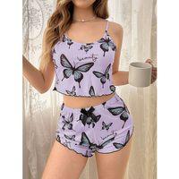 Mor Renk Kelebek Desenli Şortlu Ev Giyim Takımı,kadın Yazlık Askılı Pijama, Rahat Ve Şık Ev Giyim