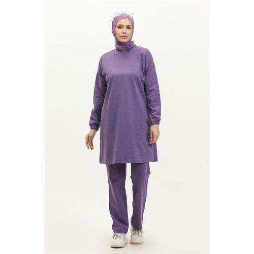 Yırtmaçlı Bisiklet Yaka Sade Basic Eşofman Spor İkili Takım - 03060.013 - Mor