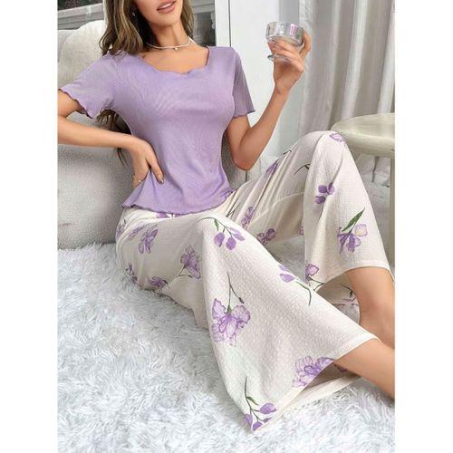 Kadın Mor Çiçek Desenli Yumuşak Pamuklu Uzun Pijama Takımı 5133