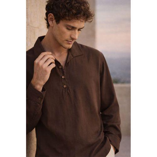 Baldwin Apaş Yaka Britli 3 Düğmeli İnce Modal Kumaş Oversize Uzun Kollu Yazlık Erkek Gömlek - Kahve
