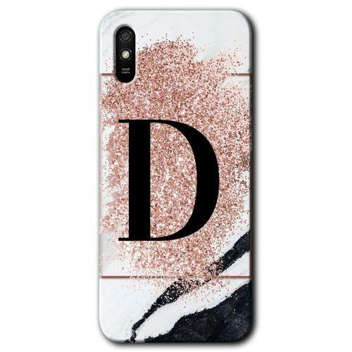 MRCİLETİSİM Xiaomi Redmi 9A Kılıf Kapak - Pembe Mermer Desenli D Harfi +Hayalet Ekran Yandan Gözükmez