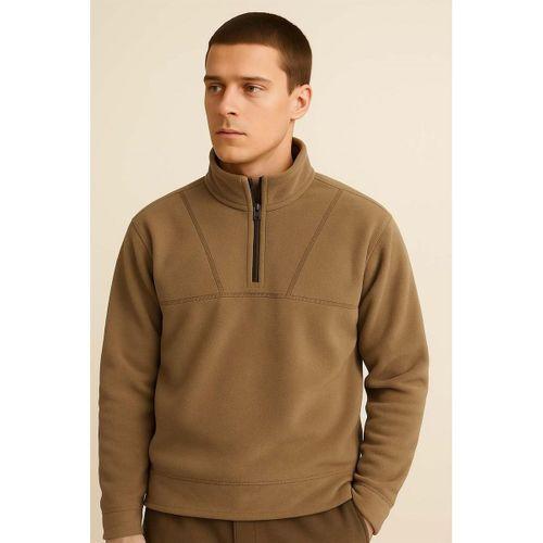 Crowe Çizgi Şeritli Oversize Yarım Fermuar Polar Erkek Sweatshirt - Bej