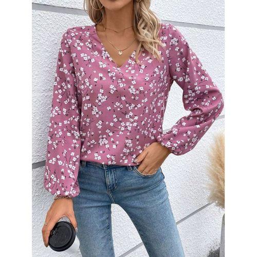 Kadın Uzun Kollu V Yakalı çiçek Desenli Modal Bluz