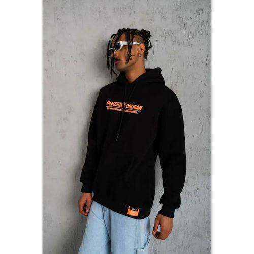 Erkek Armalı Baskılı Kapüşonlu Sweatshirt - Siyah