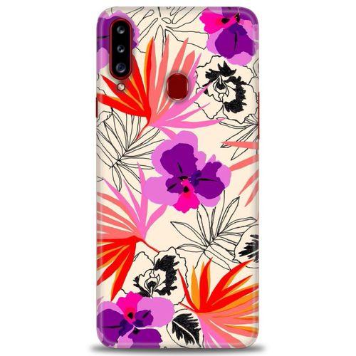 Samsung Galaxy A20S Kılıf HD Baskılı Kılıf - Kırmızı Mor Çiçekler + Tam Ekran Koruyucu