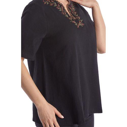 Şile Bezi Kısa Kol Siyah Nakışlı V Yaka Yazlık Otantik Bluz