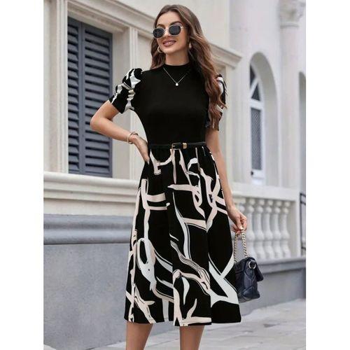 Kadın Kısa Kollu Yarı Balıkçı Yaka üst Viskon Alt Desenli Dokuma Midi Elbise