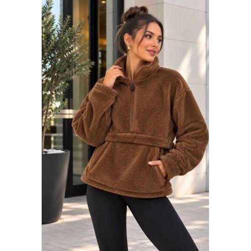 Kadın Yarım Fermuarlı Kanguru Cepli Peluş Wellsoft Sweatshirt