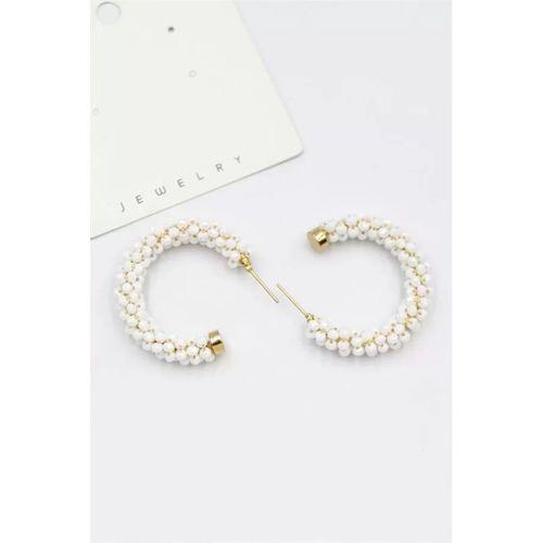 Kristal Boncuk Halka Küpe - Beyaz