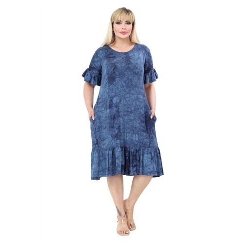 Melsay Butik Lacivert Batik Yıkamalı Cepli Fırfırlı Kısa Kollu Kadın Midi Elbise