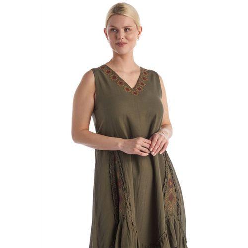 Kolsuz Haki V Yaka Yazlık Nakışlı Otantik Vual Kısa Elbise