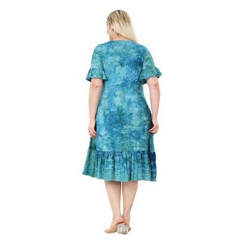 Melsay Butik Turkuaz Batik Yıkamalı Kısa Kollu Fırfırlı Cepli Kadın Midi Elbise