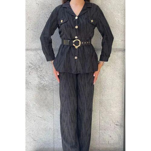 Trend Kadın Siyah Kendinden Desenli Kemerli ve Altın Düğmeli Pantolonlu İkili Takım