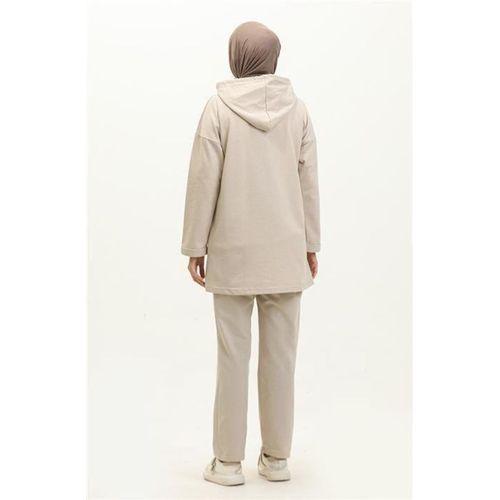 Kapşonlu Sweat Eşofman Sade Basic Spor Takım - 03056.027 - Ekru