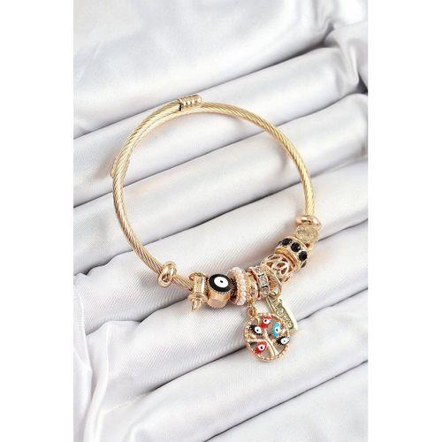 316L Çelik Siyah Nazarlı Zirkon Taşlı İnci Detaylı Hayat Ağacı Model Gold Renk Charm Bileklik