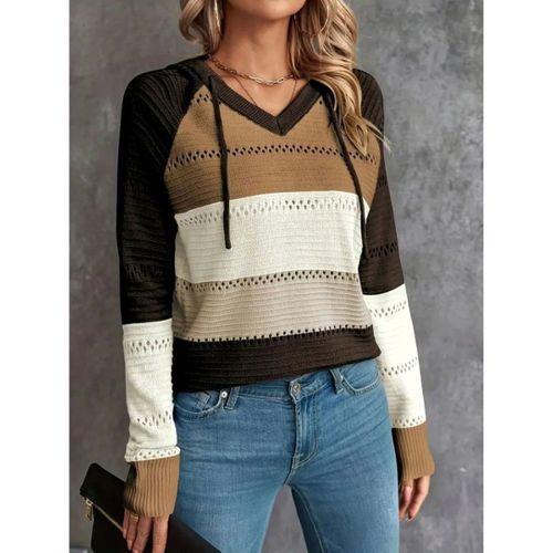 Kadın Uzun Kollu V Yakalı Bağcıklı Kapşonlu Triko Bluz