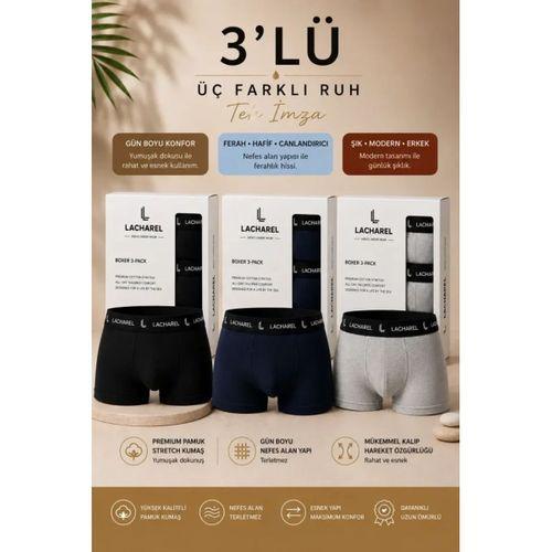 Erkek Likralı Pamuklu Nefes Alan Penye Boxer3Lü Paket - Siyah - Gri - Lacivert